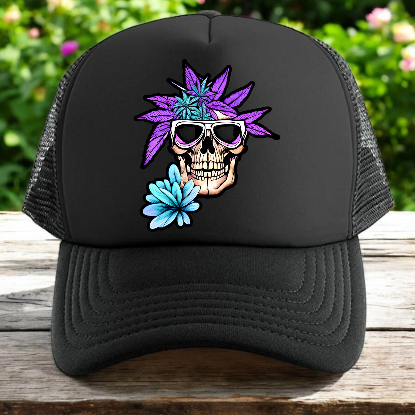 Psychedelic Skull Trucker Hat Mens O/S Black Snapback Hippie Floral Unisex